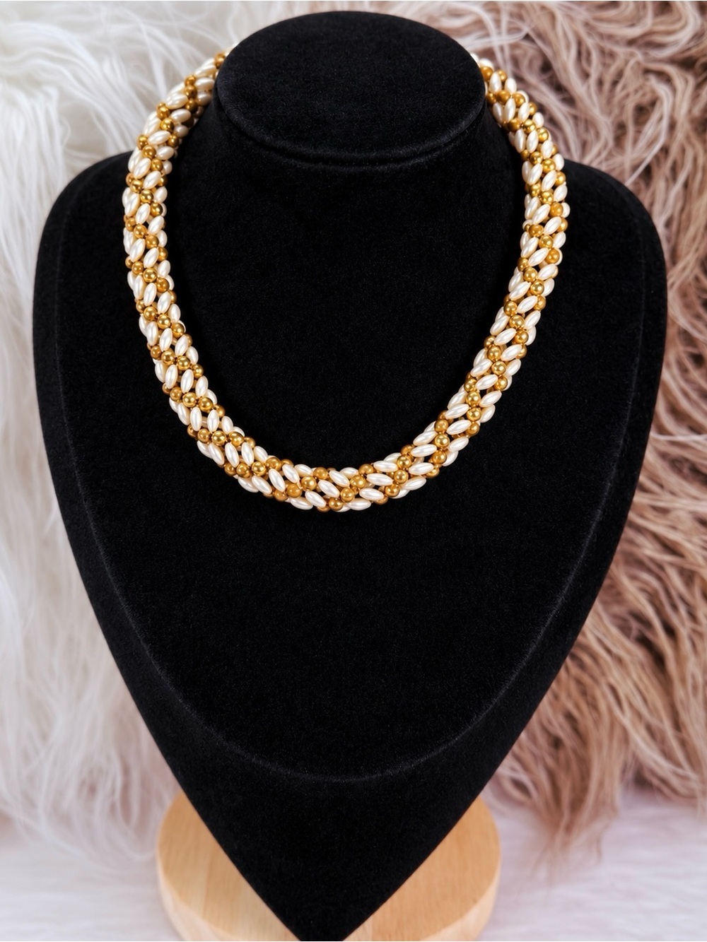 Vintage Faux Pearl Goldtone Multi Strand Woven Necklace Adjustable